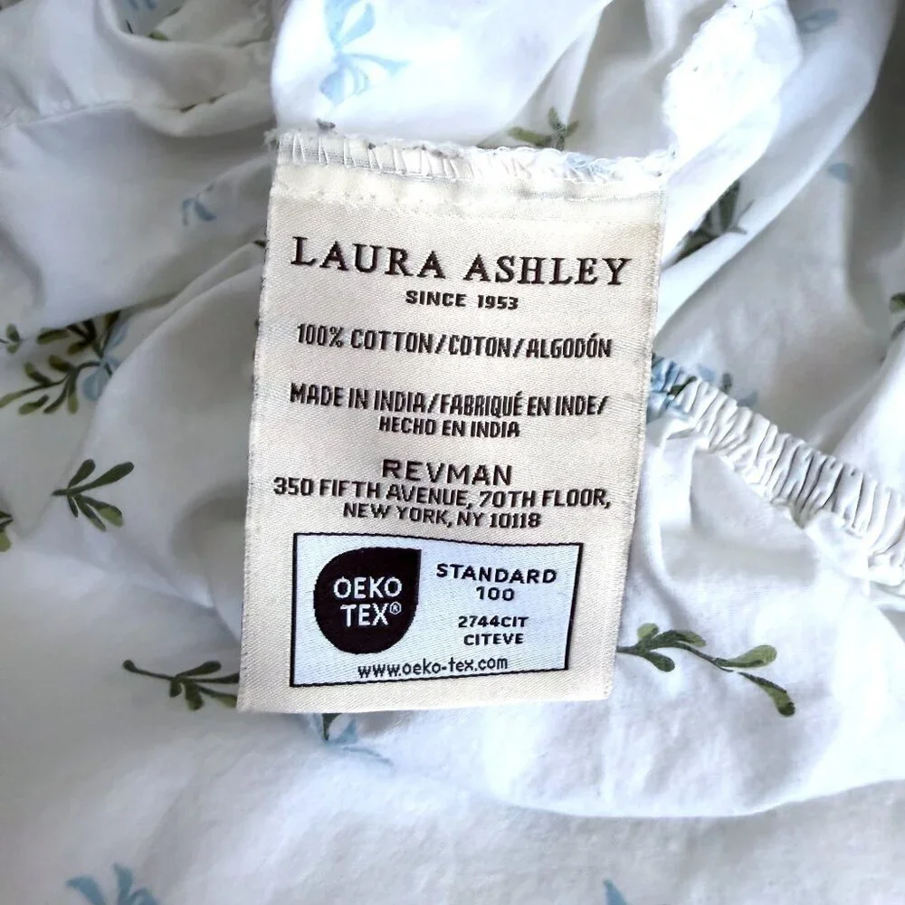 Laura Ashley Merry Mistletoe Queen Sheet Set Cottagecore Blue Green Bow Floral